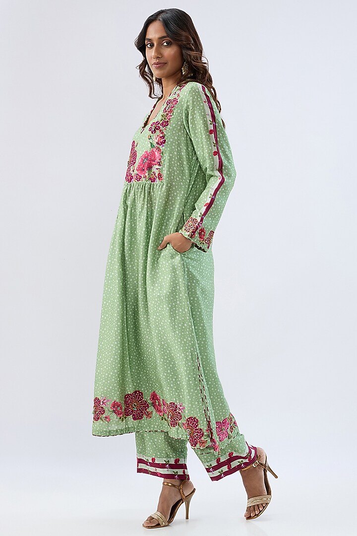 Green Silk Tencel Thread Embroidered & Printed Kurta Set by Niti Bothra at Pernia's Pop Up Shop