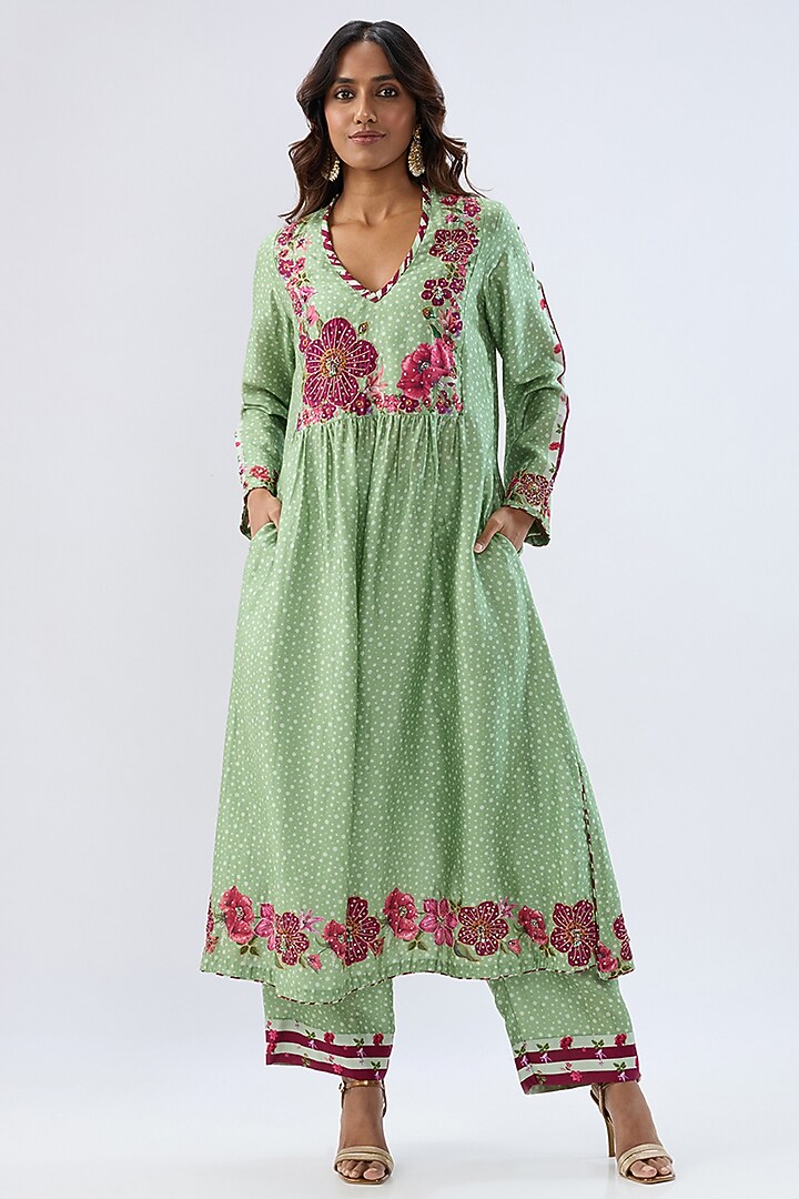 Green Silk Tencel Thread Embroidered & Printed Kurta Set by Niti Bothra at Pernia's Pop Up Shop