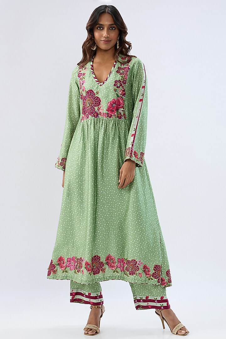 Green Silk Tencel Thread Embroidered & Printed Kurta Set by Niti Bothra at Pernia's Pop Up Shop