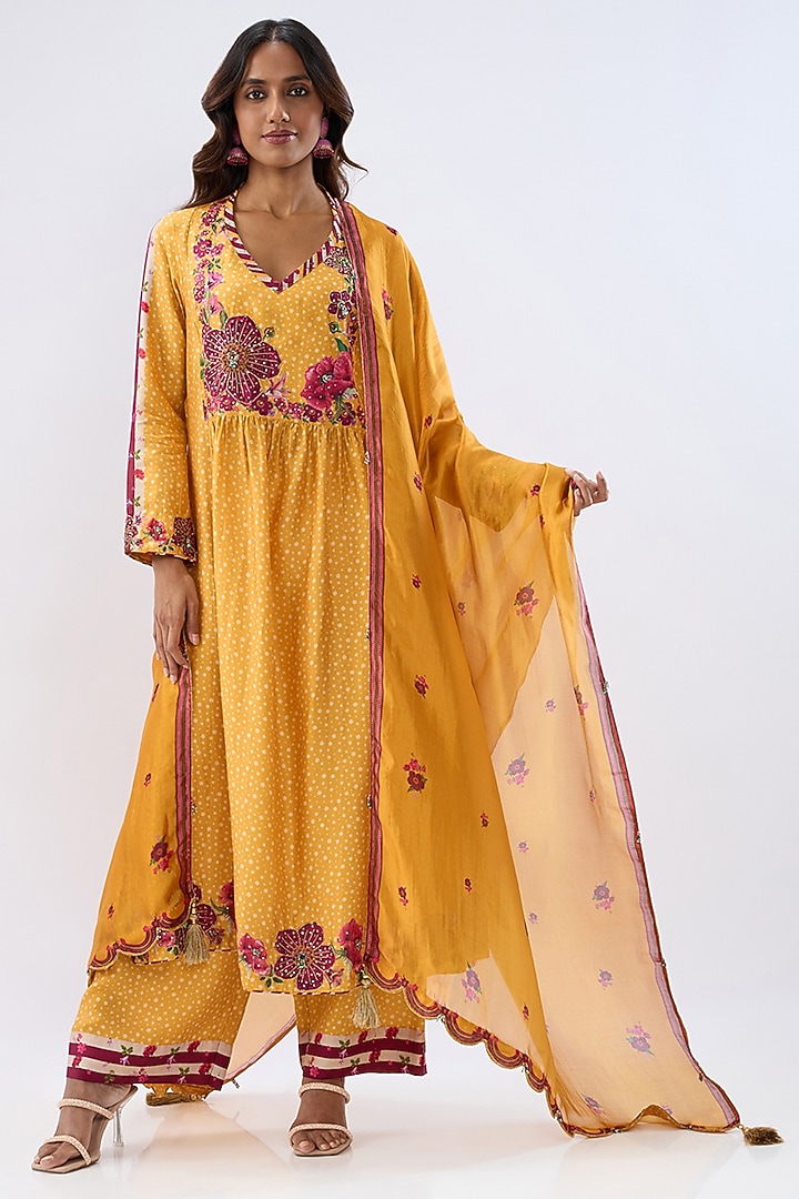 Yellow Silk Tencel Thread Embroidered & Printed Kurta Set by Niti Bothra at Pernia's Pop Up Shop