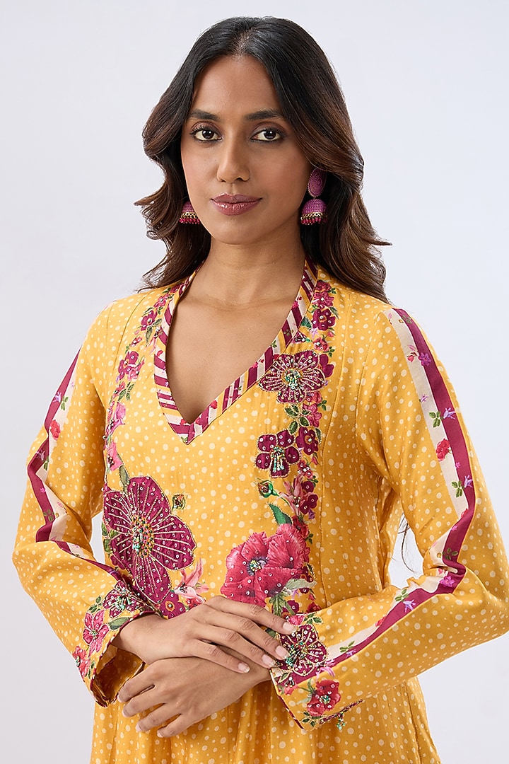Yellow Silk Tencel Thread Embroidered & Printed Kurta Set by Niti Bothra at Pernia's Pop Up Shop