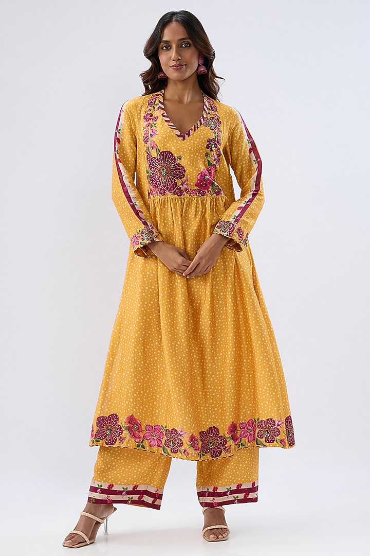 Yellow Silk Tencel Thread Embroidered & Printed Kurta Set by Niti Bothra at Pernia's Pop Up Shop