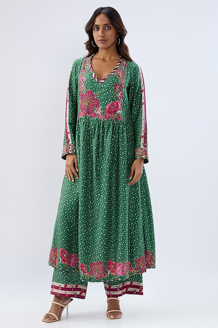 Dark Green Silk Tencel Thread Embroidered & Printed Kurta Set by Niti Bothra at Pernia's Pop Up Shop