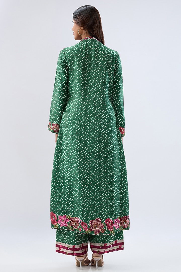 Dark Green Silk Tencel Thread Embroidered & Printed Kurta Set by Niti Bothra at Pernia's Pop Up Shop