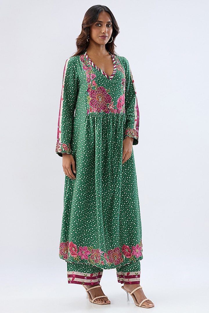 Dark Green Silk Tencel Thread Embroidered & Printed Kurta Set by Niti Bothra at Pernia's Pop Up Shop