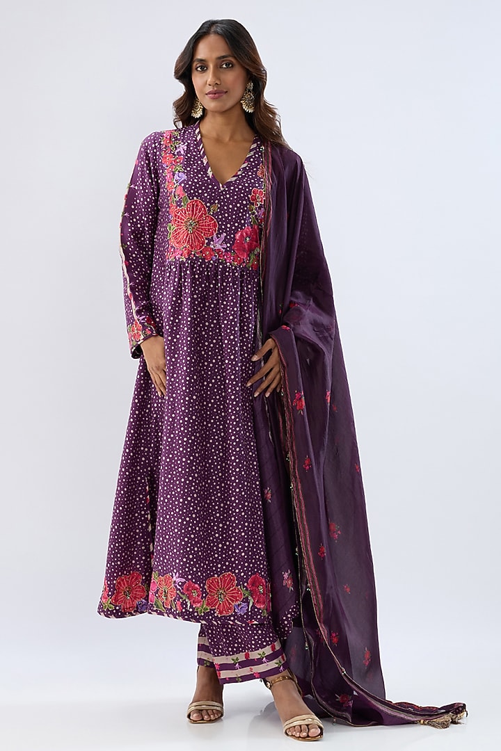 Purple Silk Tencel Thread Embroidered & Printed Kurta Set by Niti Bothra at Pernia's Pop Up Shop