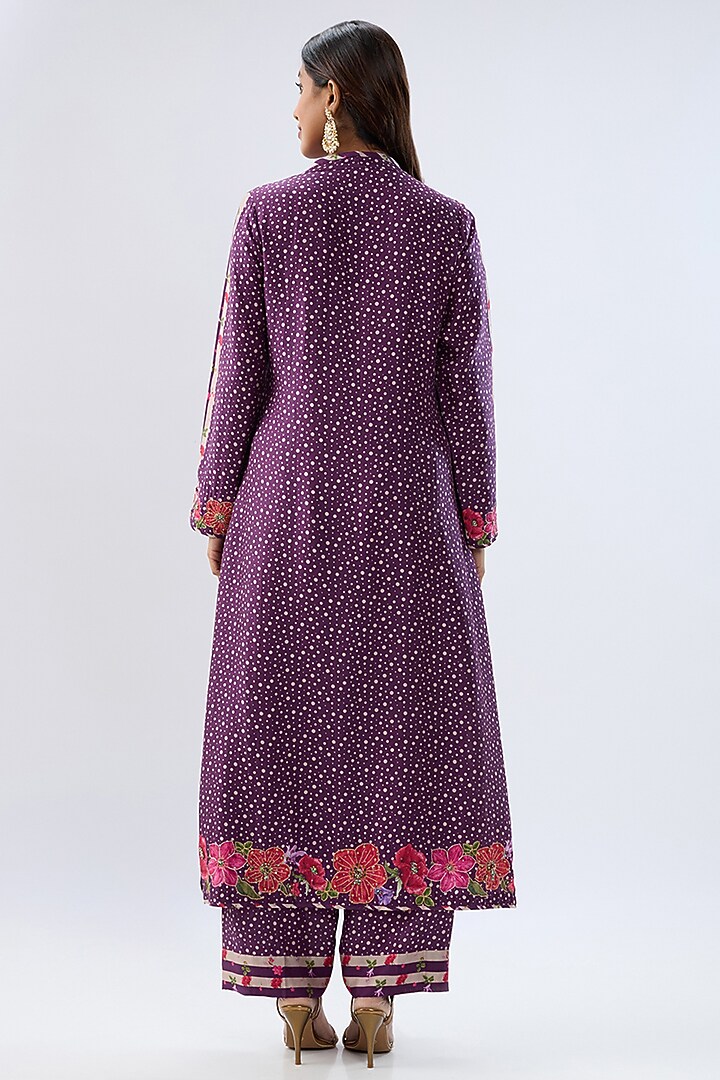 Purple Silk Tencel Thread Embroidered & Printed Kurta Set by Niti Bothra at Pernia's Pop Up Shop