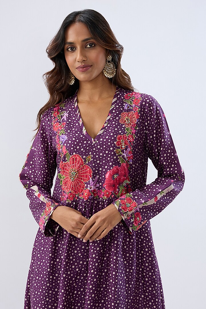 Purple Silk Tencel Thread Embroidered & Printed Kurta Set by Niti Bothra at Pernia's Pop Up Shop