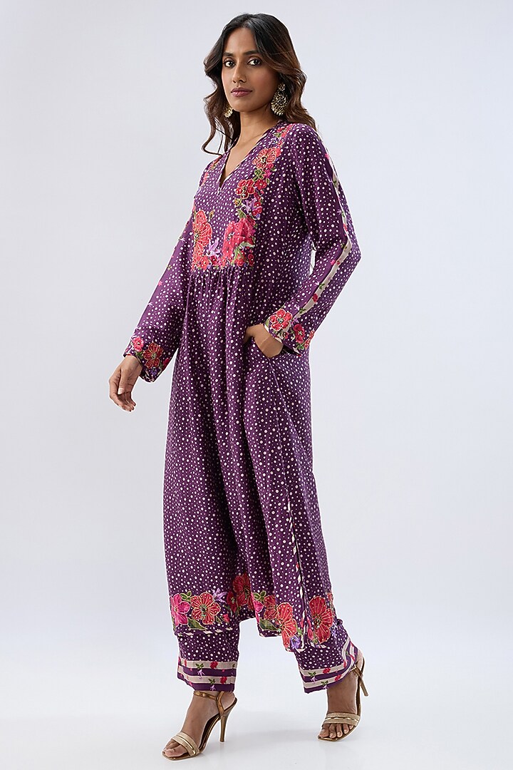 Purple Silk Tencel Thread Embroidered & Printed Kurta Set by Niti Bothra at Pernia's Pop Up Shop