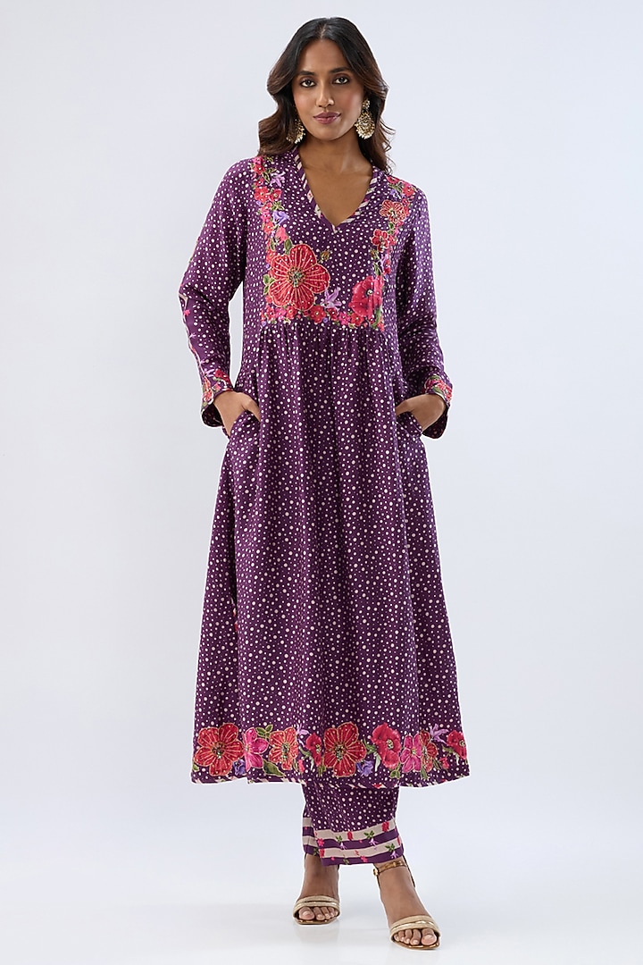 Purple Silk Tencel Thread Embroidered & Printed Kurta Set by Niti Bothra at Pernia's Pop Up Shop