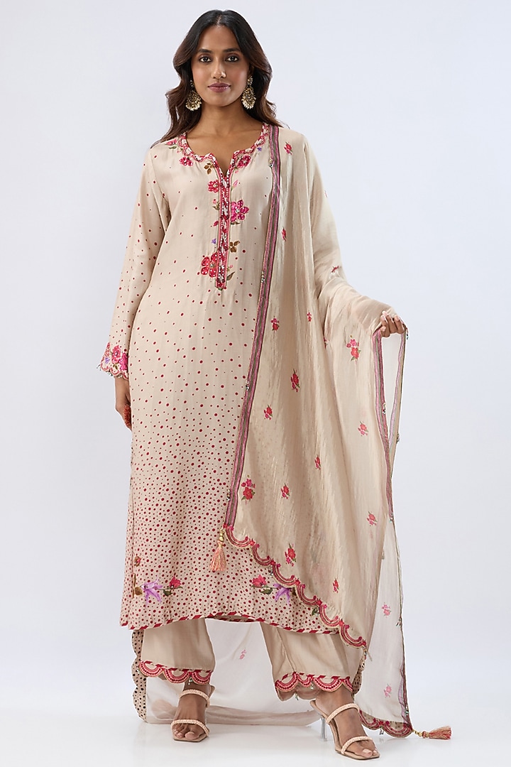 Ivory Silk Tencel Thread Embroidered & Printed Scalloped Kurta Set by Niti Bothra at Pernia's Pop Up Shop