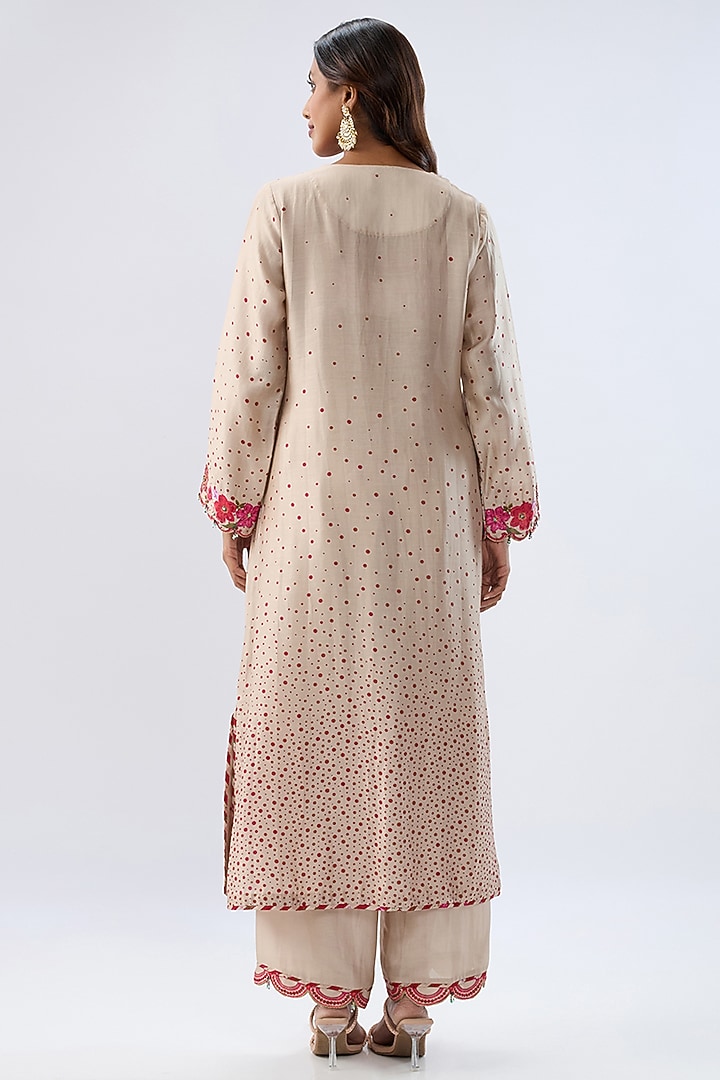 Ivory Silk Tencel Thread Embroidered & Printed Scalloped Kurta Set by Niti Bothra at Pernia's Pop Up Shop
