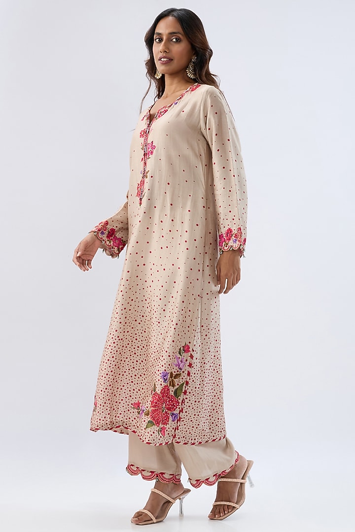 Ivory Silk Tencel Thread Embroidered & Printed Scalloped Kurta Set by Niti Bothra at Pernia's Pop Up Shop