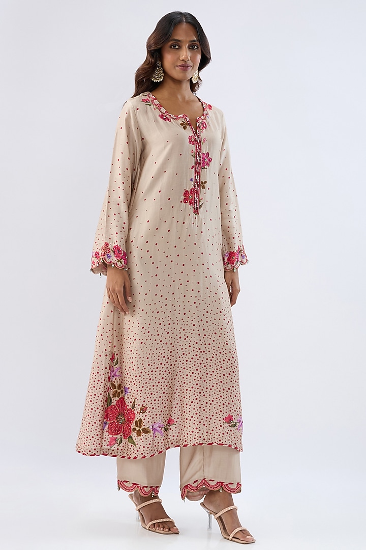 Ivory Silk Tencel Thread Embroidered & Printed Scalloped Kurta Set by Niti Bothra at Pernia's Pop Up Shop