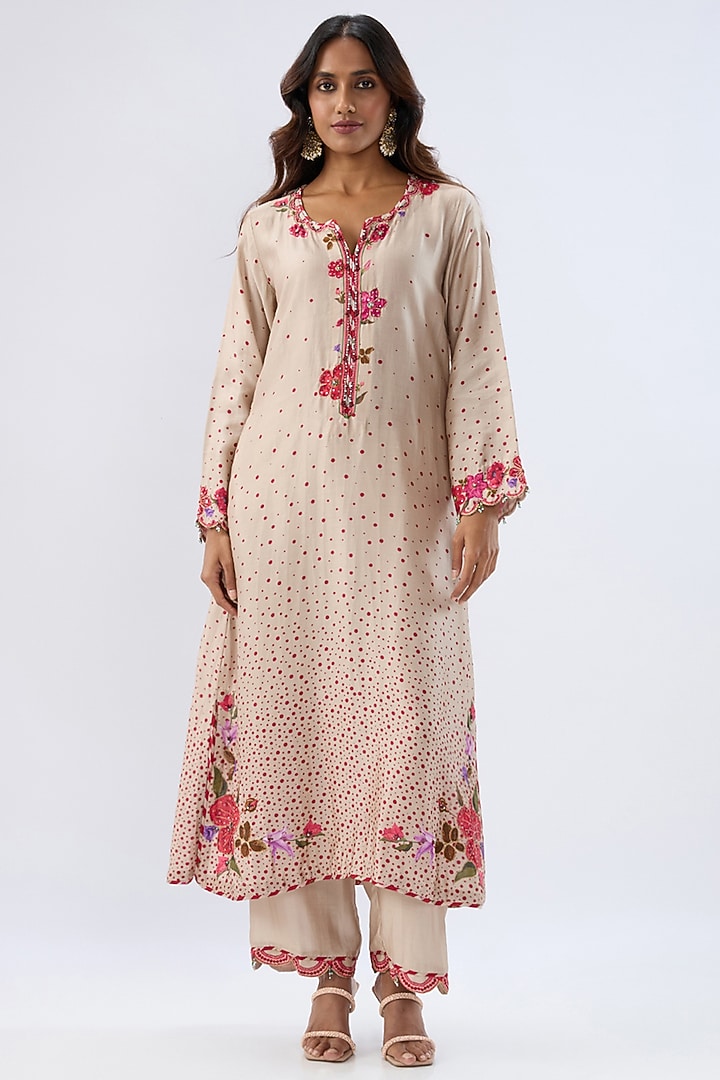 Ivory Silk Tencel Thread Embroidered & Printed Scalloped Kurta Set by Niti Bothra at Pernia's Pop Up Shop