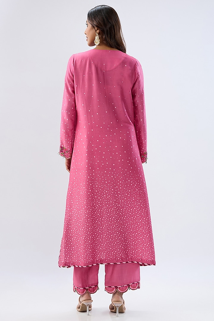 Pink Silk Tencel Thread Embroidered & Printed Scalloped Kurta Set by Niti Bothra at Pernia's Pop Up Shop