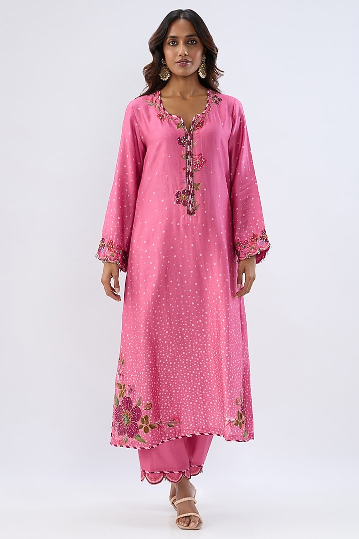 Pink Silk Tencel Thread Embroidered & Printed Scalloped Kurta Set by Niti Bothra at Pernia's Pop Up Shop