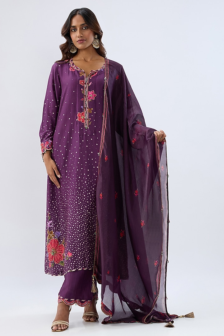 Purple Silk Tencel Thread Embroidered & Printed Scalloped Kurta Set by Niti Bothra at Pernia's Pop Up Shop