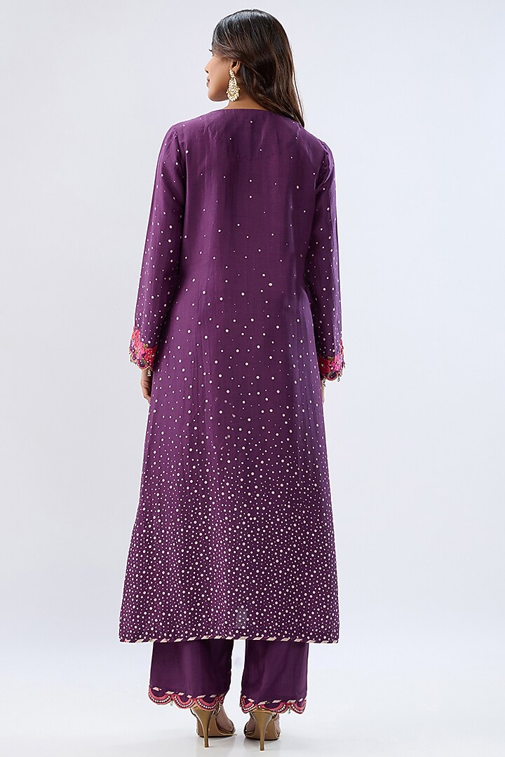 Purple Silk Tencel Thread Embroidered & Printed Scalloped Kurta Set by Niti Bothra at Pernia's Pop Up Shop