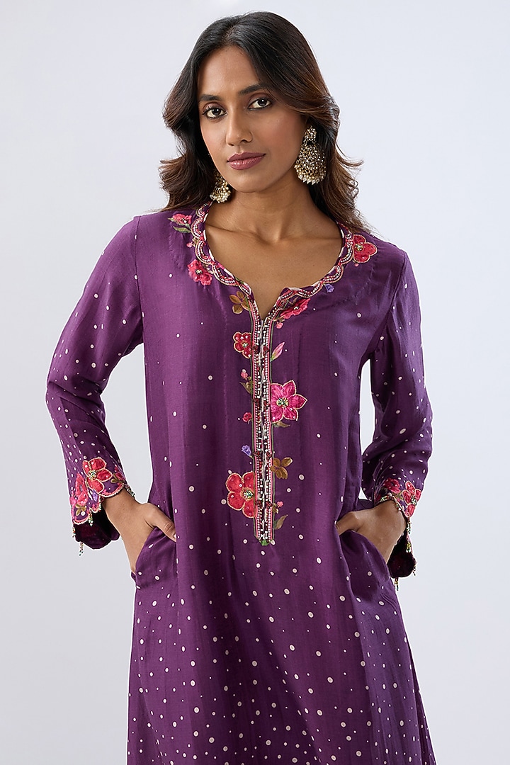 Purple Silk Tencel Thread Embroidered & Printed Scalloped Kurta Set by Niti Bothra at Pernia's Pop Up Shop