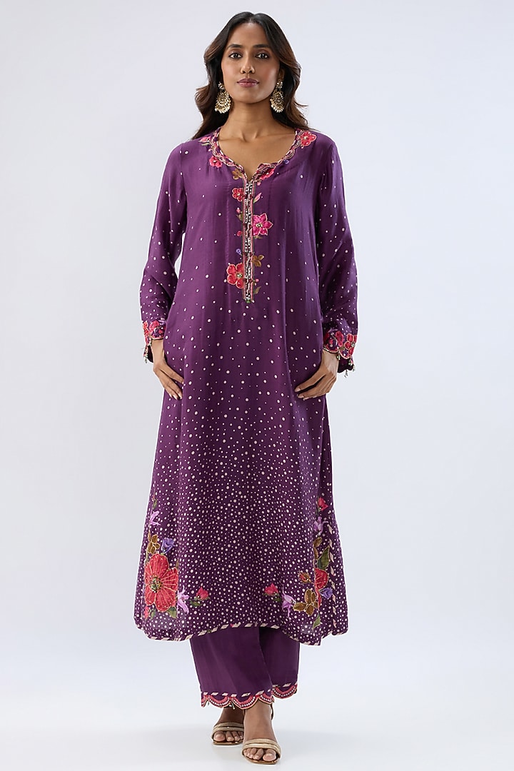 Purple Silk Tencel Thread Embroidered & Printed Scalloped Kurta Set by Niti Bothra at Pernia's Pop Up Shop