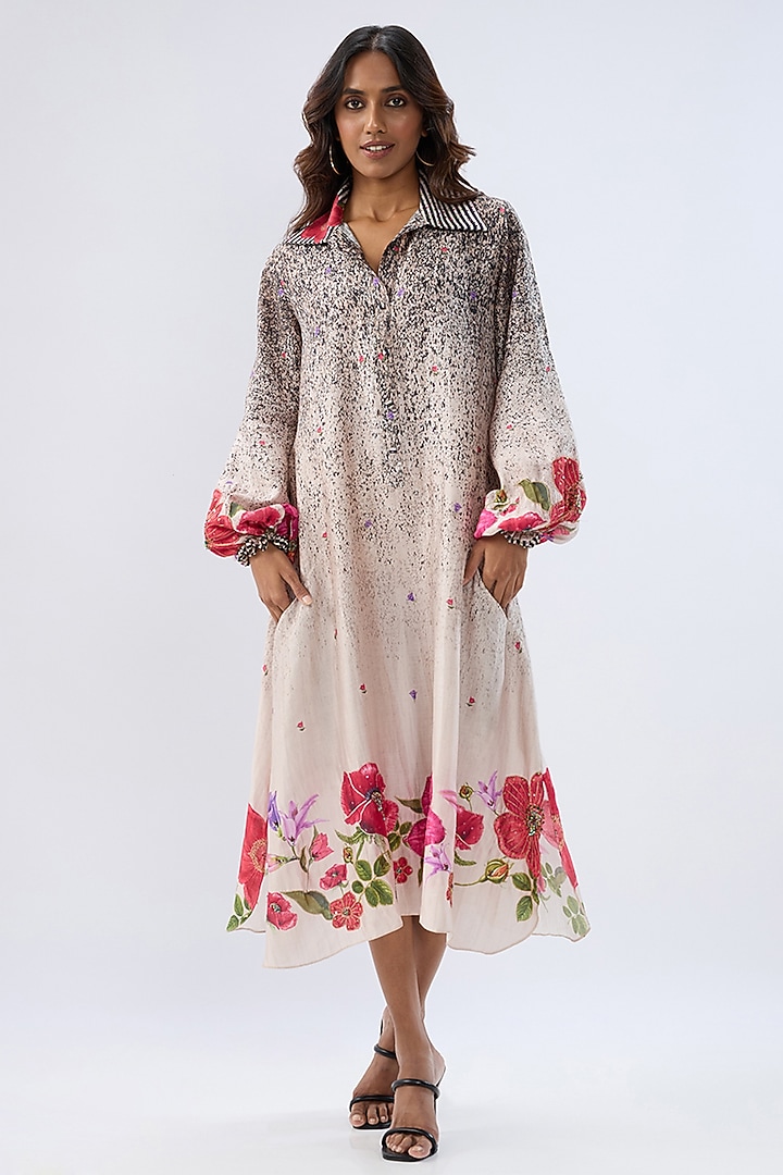 Black Silk Tencel Thread Embroidered & Printed Vacation Dress by Niti Bothra at Pernia's Pop Up Shop