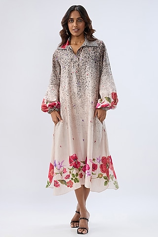 Black Silk Tencel Thread Embroidered & Printed Dress by Niti Bothra