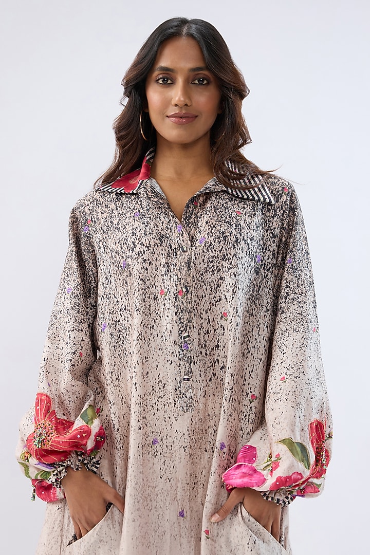 Black Silk Tencel Thread Embroidered & Printed Vacation Dress by Niti Bothra at Pernia's Pop Up Shop