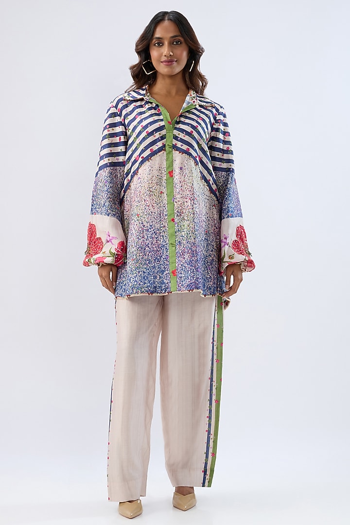 Blue Silk Tencel Thread Embroidered & Printed Co-Ord Set by Niti Bothra at Pernia's Pop Up Shop