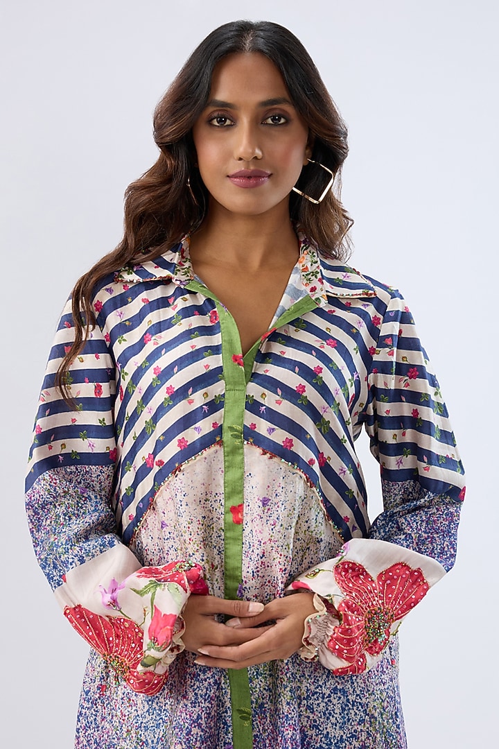 Blue Silk Tencel Thread Embroidered & Printed Co-Ord Set by Niti Bothra at Pernia's Pop Up Shop