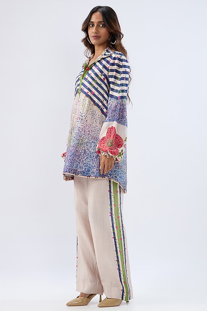 Blue Silk Tencel Thread Embroidered & Printed Co-Ord Set by Niti Bothra at Pernia's Pop Up Shop
