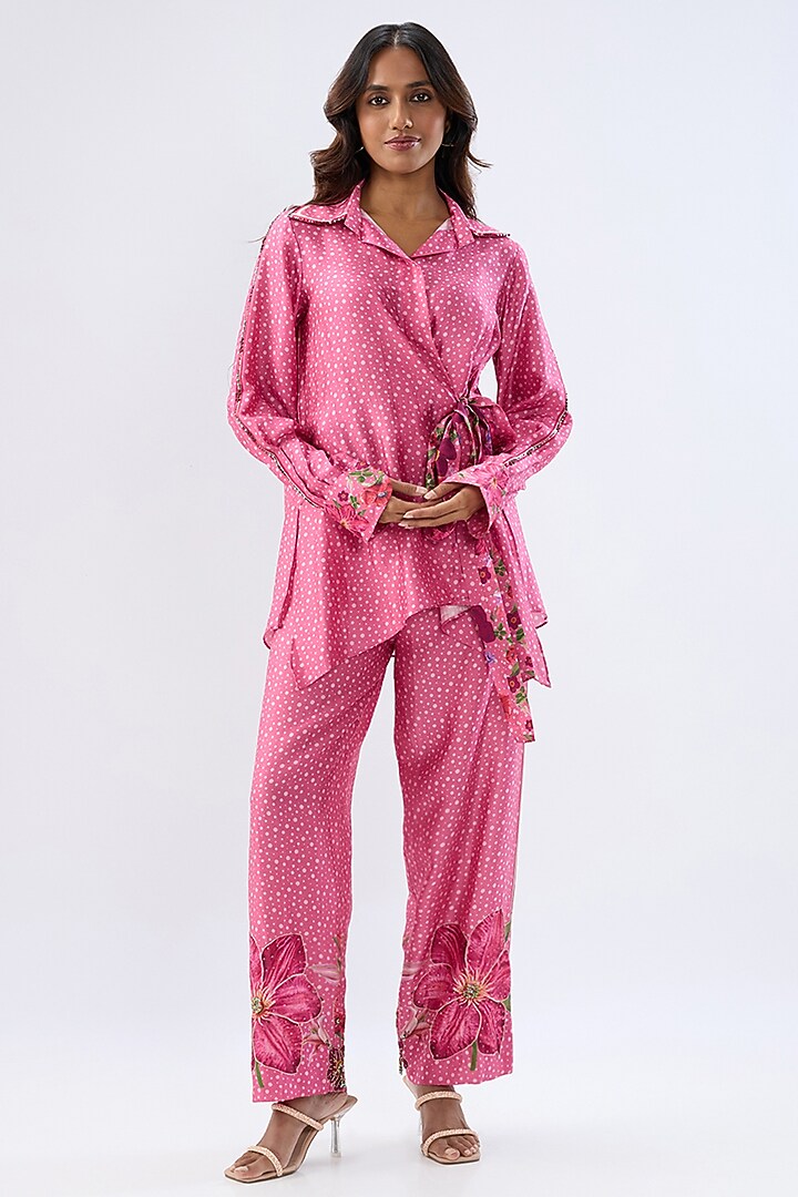 Pink Silk Tencel Thread Embroidered & Printed Co-Ord Set by Niti Bothra at Pernia's Pop Up Shop