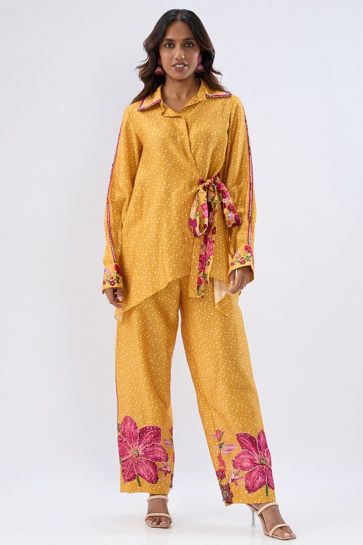 Yellow Silk Tencel Thread Embroidered & Printed Co-Ord Set by Niti Bothra at Pernia's Pop Up Shop