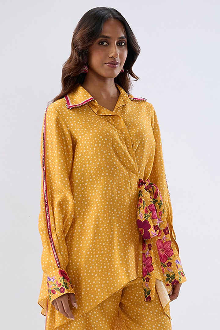 Yellow Silk Tencel Thread Embroidered & Printed Co-Ord Set by Niti Bothra at Pernia's Pop Up Shop