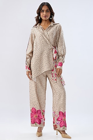 Ivory Silk Tencel Thread Embroidered & Printed Co-Ord Set by Niti Bothra