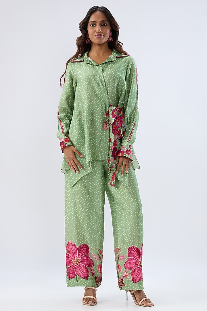 Green Silk Tencel Thread Embroidered & Printed Co-Ord Set by Niti Bothra at Pernia's Pop Up Shop