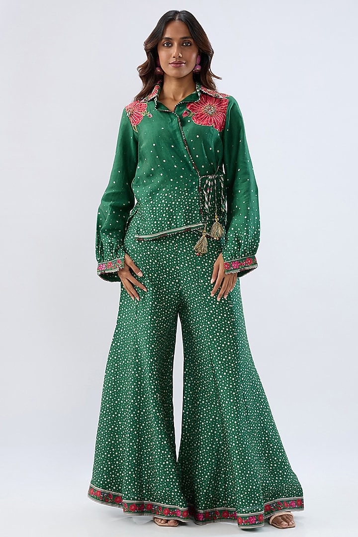 Dark Green Silk Tencel Printed Party Wear Sharara Set by Niti Bothra at Pernia's Pop Up Shop
