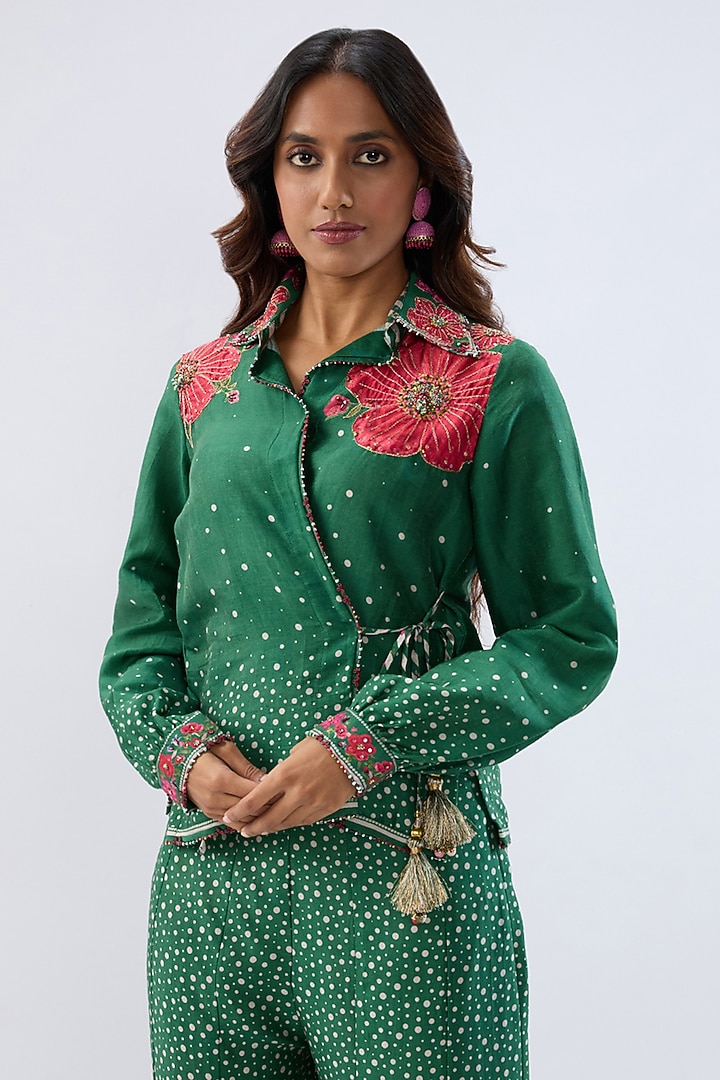 Dark Green Silk Tencel Printed Party Wear Sharara Set by Niti Bothra at Pernia's Pop Up Shop