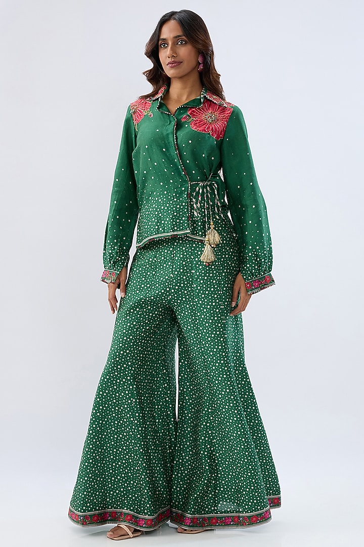 Dark Green Silk Tencel Printed Party Wear Sharara Set by Niti Bothra at Pernia's Pop Up Shop
