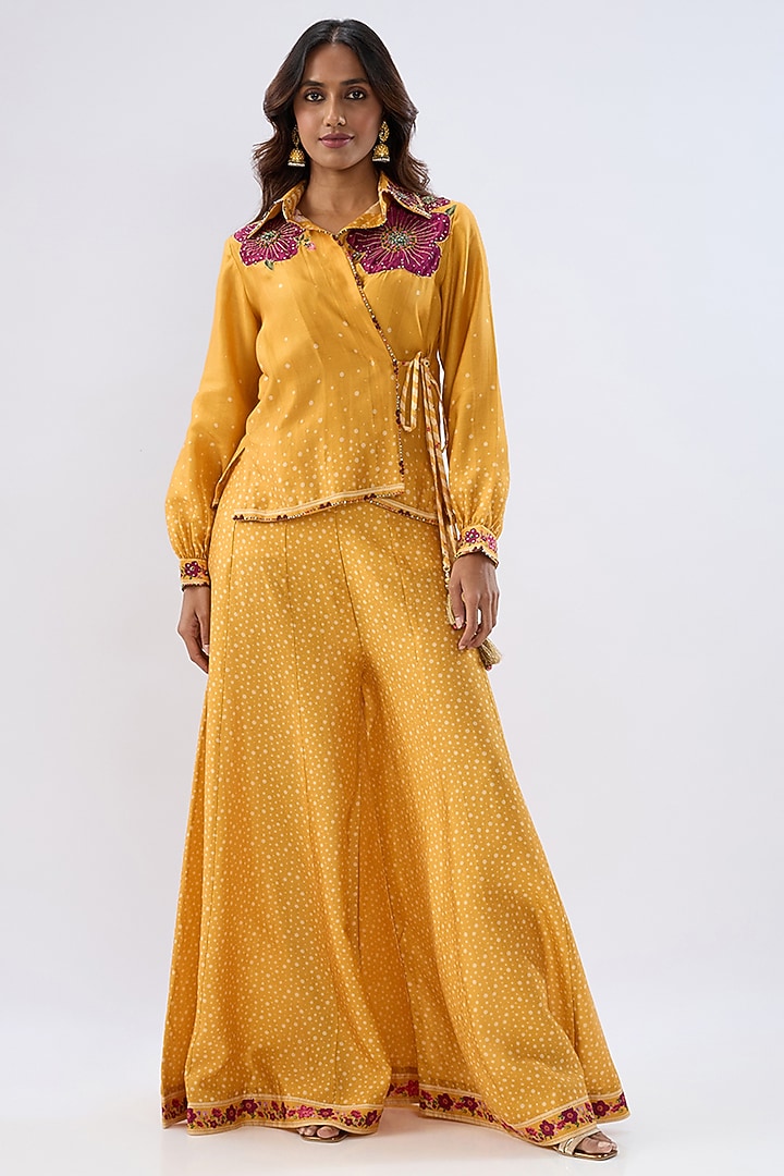 Yellow Silk Tencel Printed Party Wear Sharara Set by Niti Bothra at Pernia's Pop Up Shop