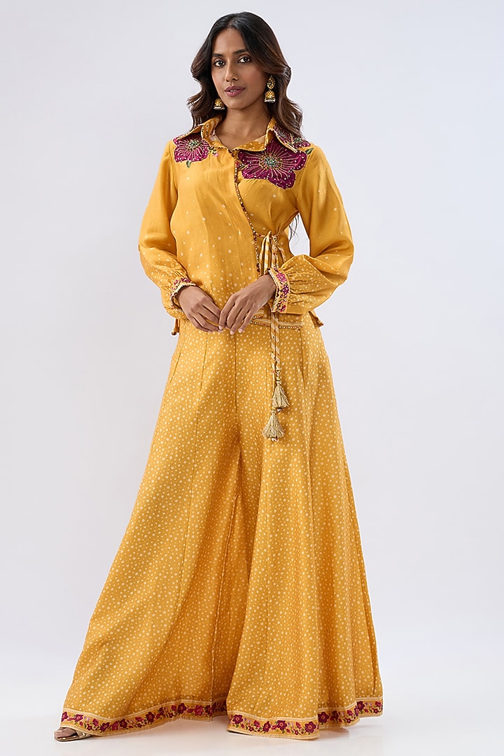 Yellow Silk Tencel Printed Party Wear Sharara Set by Niti Bothra at Pernia's Pop Up Shop