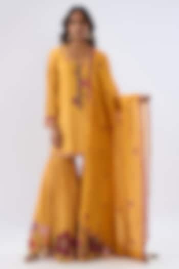 Yellow Silk Chanderi Thread Embroidered Wedding Sharara Set by Niti Bothra at Pernia's Pop Up Shop