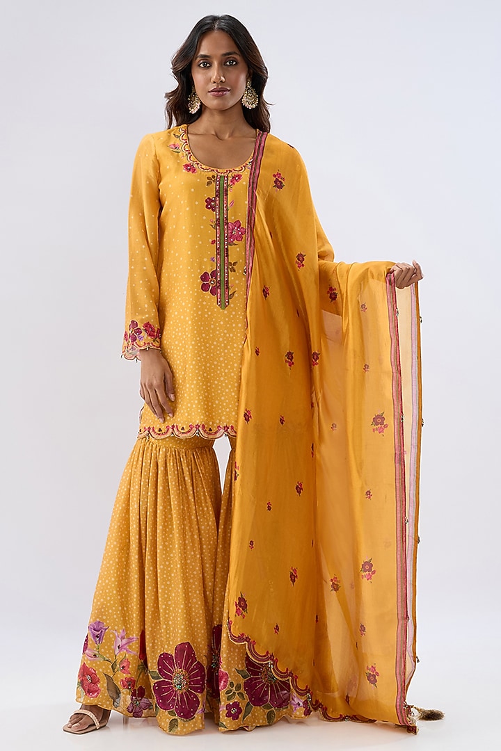 Yellow Silk Chanderi Thread Embroidered Wedding Sharara Set by Niti Bothra at Pernia's Pop Up Shop