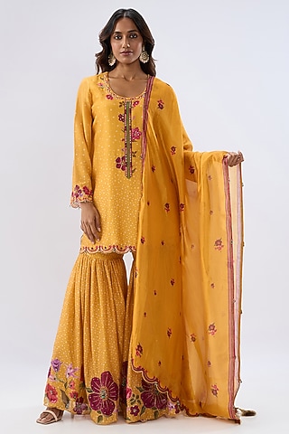 Yellow Silk Chanderi Thread Embroidered Sharara Set by Niti Bothra