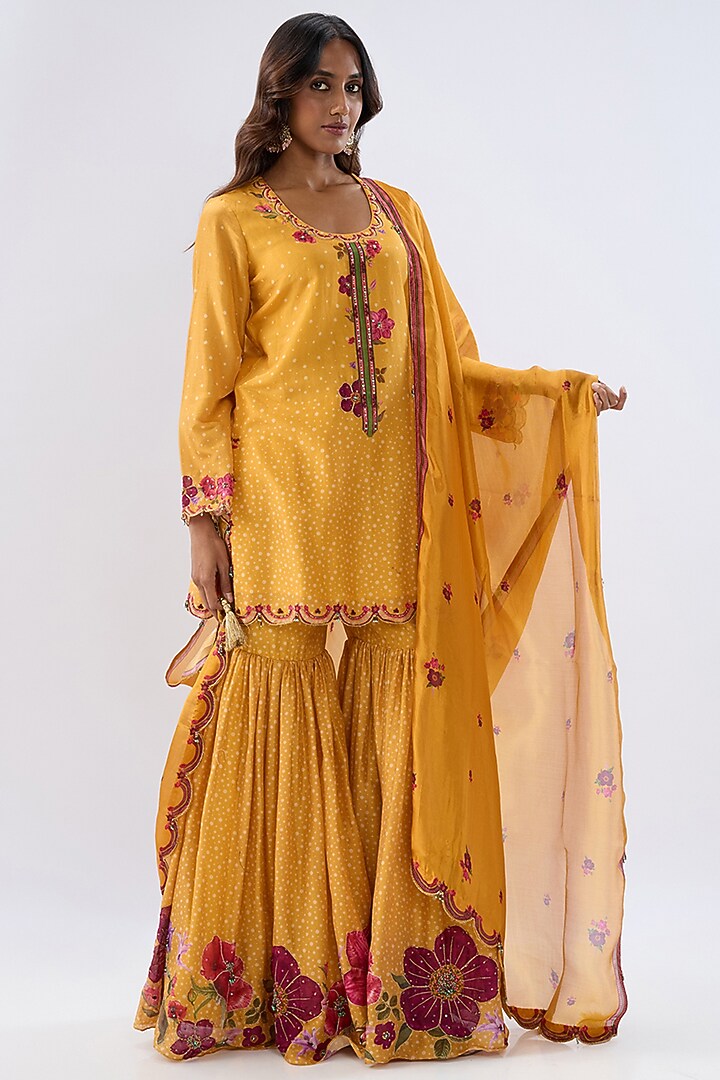 Yellow Silk Chanderi Thread Embroidered Wedding Sharara Set by Niti Bothra at Pernia's Pop Up Shop