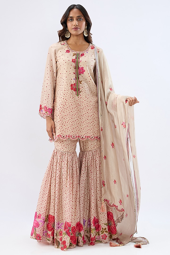 Ivory Silk Chanderi Thread Embroidered Wedding Sharara Set by Niti Bothra at Pernia's Pop Up Shop