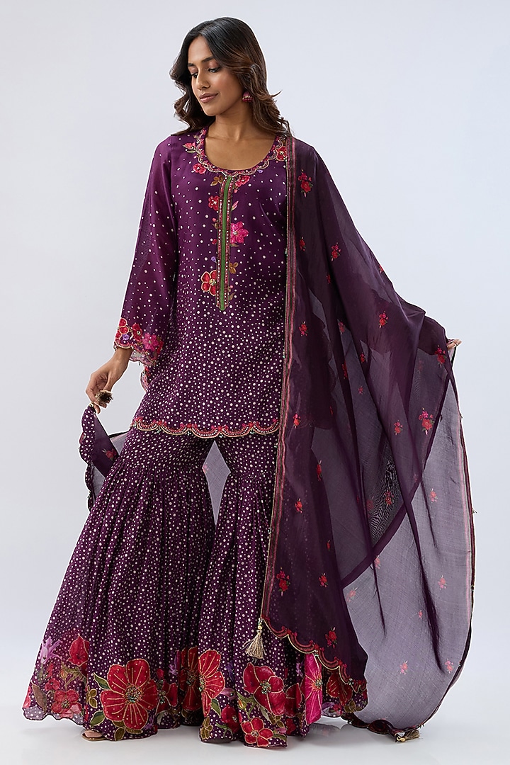 Purple Silk Chanderi Thread Embroidered Wedding Sharara Set by Niti Bothra at Pernia's Pop Up Shop