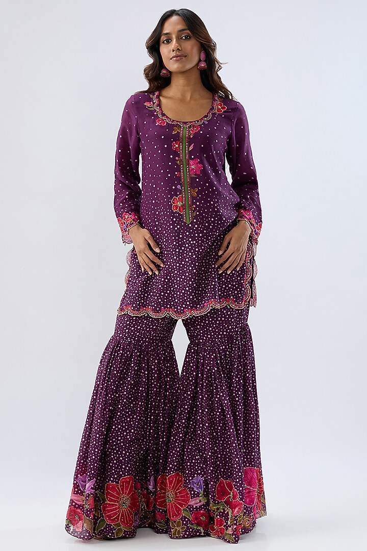 Purple Silk Chanderi Thread Embroidered Wedding Sharara Set by Niti Bothra at Pernia's Pop Up Shop