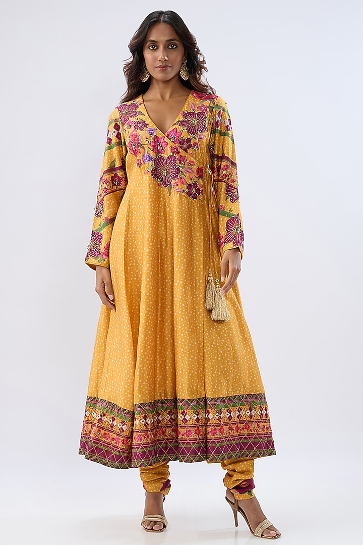 Yellow Silk Tencel Thread Embroidered Angrakha Set by Niti Bothra at Pernia's Pop Up Shop