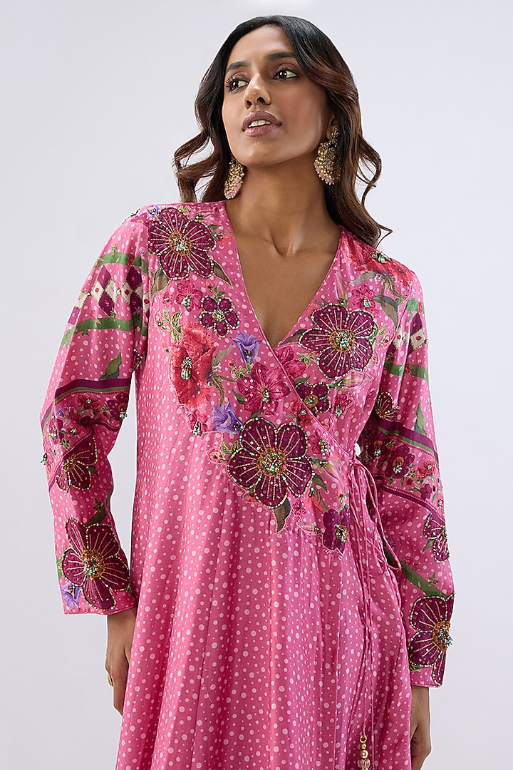Pink Silk Tencel Thread Embroidered Angrakha Set by Niti Bothra at Pernia's Pop Up Shop